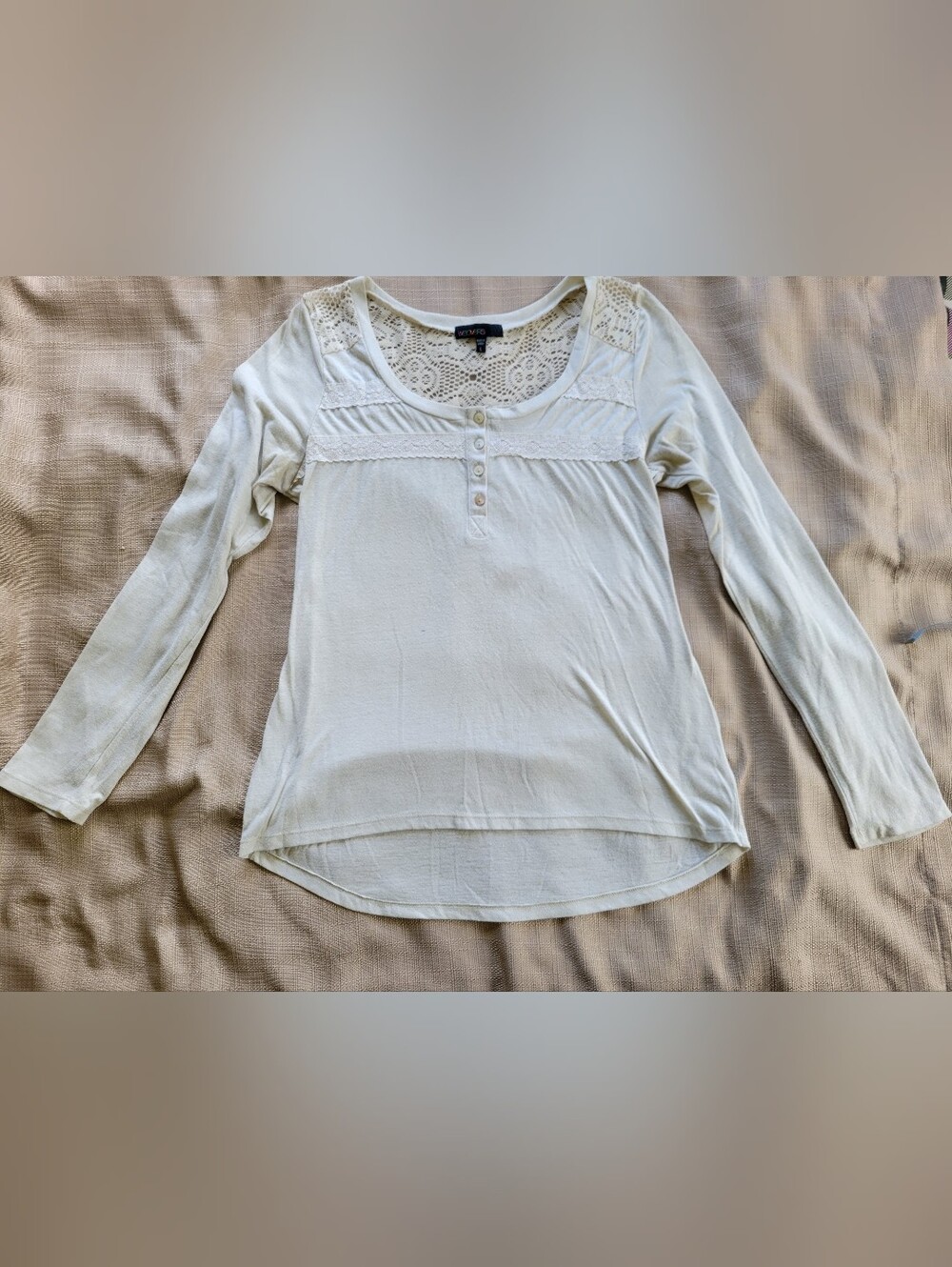 Weavers Cottagecore Knit Henley Blouse Lace Yoke